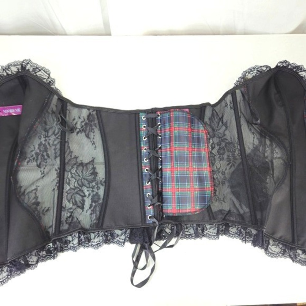 Victoria's Secret Adore Me Plaid Corset Lingerie Set Bustier Black Lace Boned Lg - Picture 6 of 16